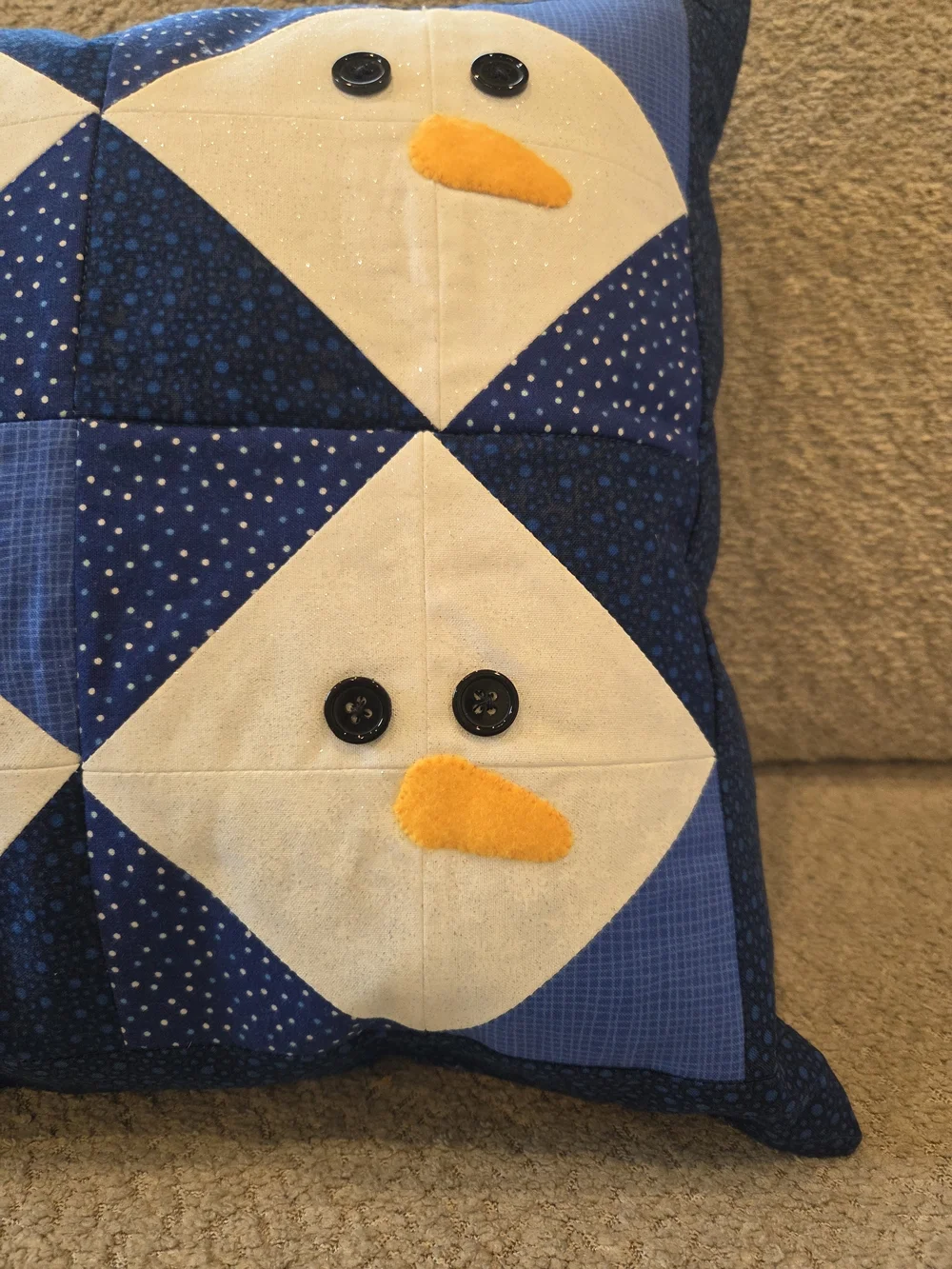 Handmade Blue Snowman Patchwork Holiday Pillow 15x15